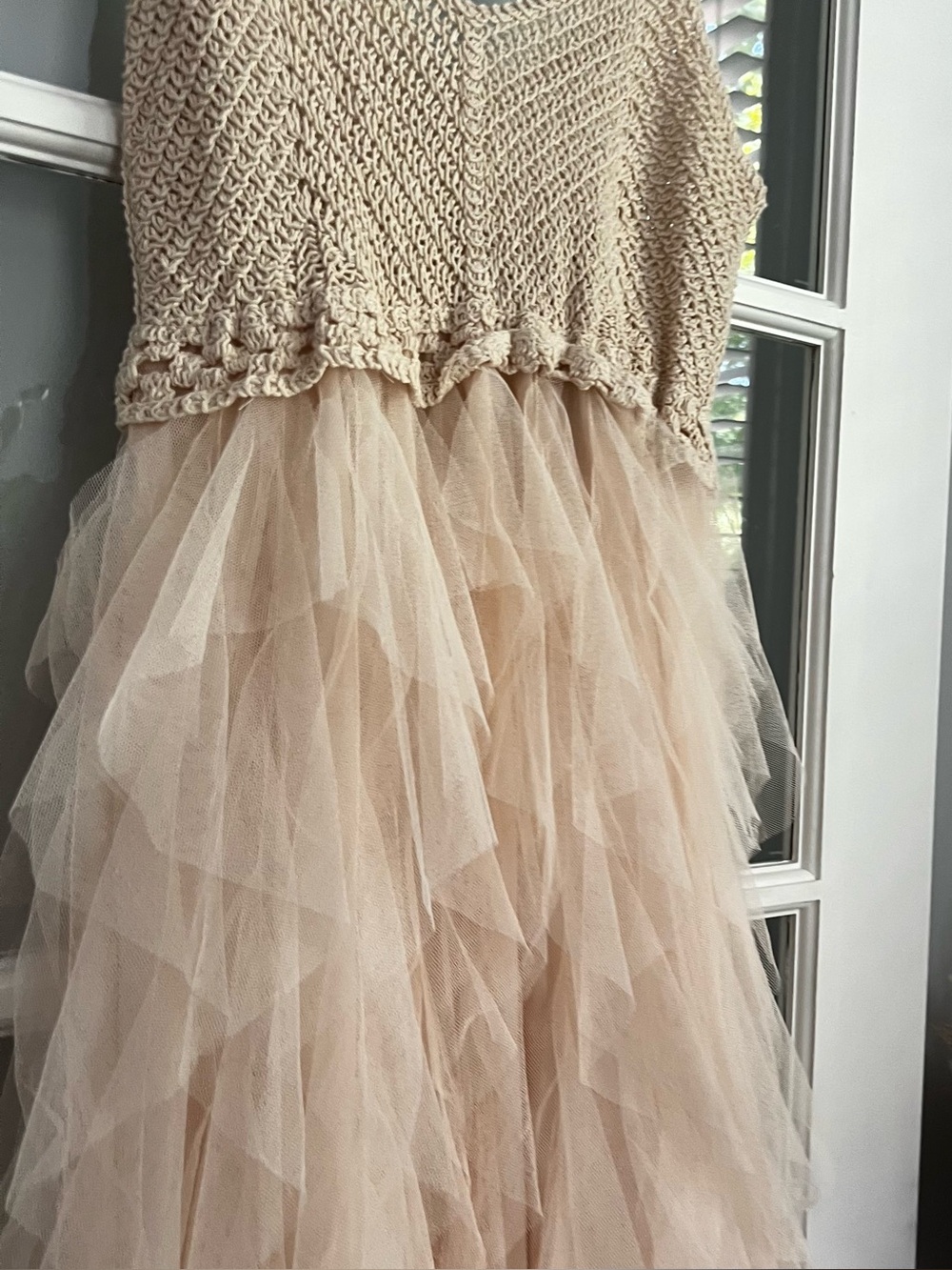 Sleeveless Crochet Bodice Tulle Midi Dress in Beige - Picture 6 of 9